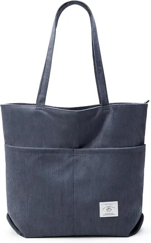 Vista 15 de KALIDI Bolsa Tote de Pana para Mujer con Cremallera Bolsa de Mano Casual Tote Bolsa de Hombro de Gran Capacidad con Bolsillos 1 negro y 1 blanco.
