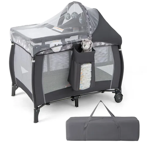 Vista 10 de HONEY JOY Pack and Play, centro de guardería plegable 4 en 1 con moisés infantil de tamaño completo y cambiador de pañales, cuna portátil para niños