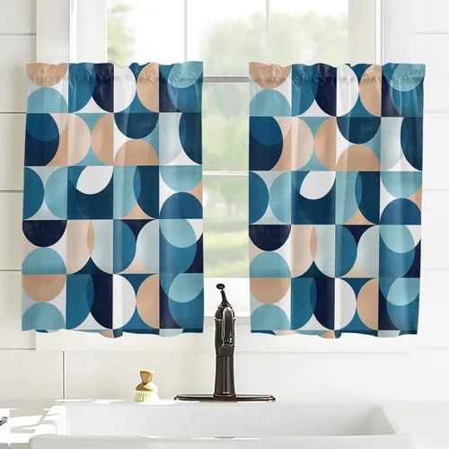 Vista 111 de Cortinas de cocina de Navidad, cenefa semitransparente ajustable con lazo, muñeco de nieve, copo de nieve, bolsillo para barra, tratamiento