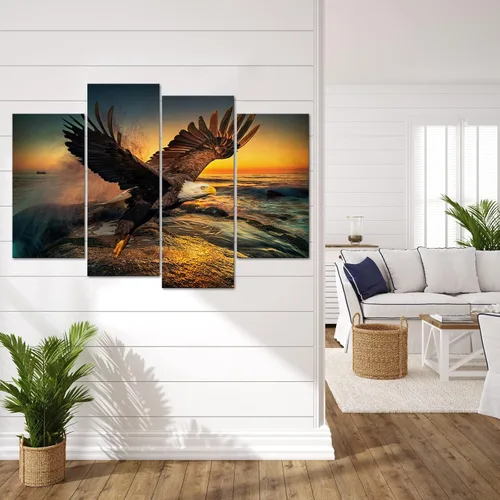 Vista 4 de RnnJoile Lienzo de águila calva para pared, diseño de águila voladora, amanecer, impresiones de pájaros grandes sobre el mar, paisaje, pintura, obra