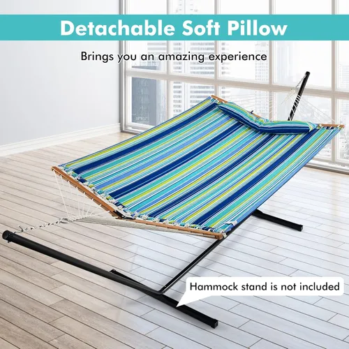 Vista 7 de Giantex Hamaca para acampar con barra separadora, almohada desmontable, cuerdas de algodón tejidas a mano, hamacas al aire libre para patio, patio