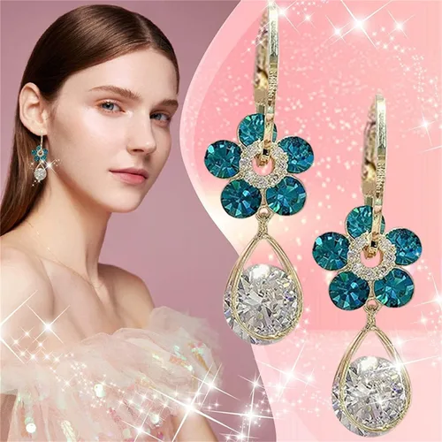 Vista 6 de Aretes de flores azules de calidad, diseño especial, aretes de gota de agua, aretes de flores de calidad, aretes retro extranjeros únicos, aretes