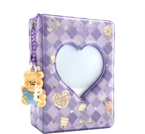 Vista 9 de Mini álbum de fotos de 3 pulgadas, carpeta de tarjetas huecas con corazón, soporte para tarjetas con colgante, 40 bolsillos (oso beige)