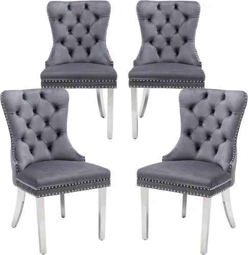 Vista 34 de Juego de 2 sillas de comedor de terciopelo beige, elegantes capitoné