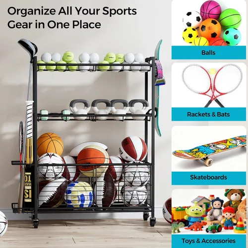 Vista 5 de Organizador grande de equipo deportivo de garaje con ruedas, estante de almacenamiento de pelotas de 3 niveles para baloncesto, pelotas de fútbol