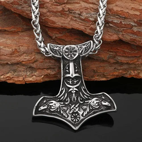 Vista 2 de Collar de martillo vikingo colgante nórdico de Mjolnir con cuervo amuleto pagano celta