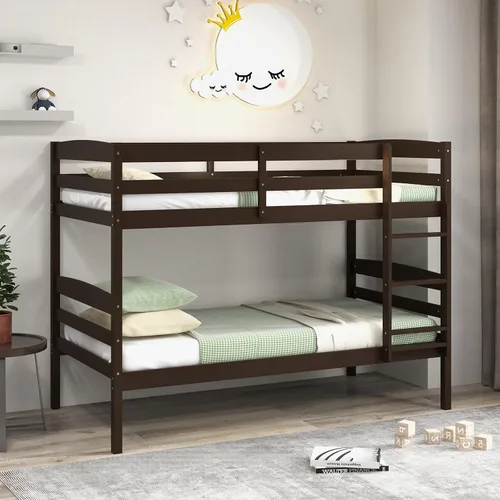 Vista 3 de KOMFOTT - Litera con tamaño doble sobre dos individuales, estructura de litera de madera con barandilla de longitud completa y escalera integrada