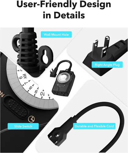 Vista 4 de HBN Outdoor Timer Outlet Waterproof, 24 Hour Mechanical Light Timers for Electrical Outlets Outdoor Weatherproof, 2 Grounded Outlets for Christmas