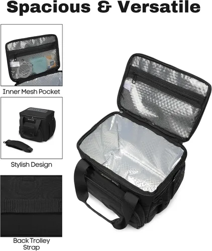 Vista 4 de SUNNY BIRD Lonchera térmica grande de 12 litros, a prueba de fugas y plegable, para mujeres adultas y hombres, se adapta a 18 latas (Negro 01)