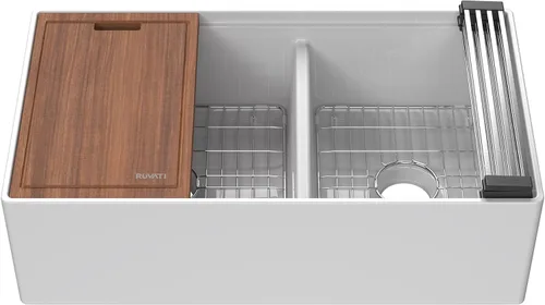 Vista 13 de Ruvati 23 x 18 pulgadas Fregadero de Cocina de Arcilla Refractaria, Modelo Farmhouse con Delantal Delantero, de Una Cubeta - Blanco - RVL2468WH