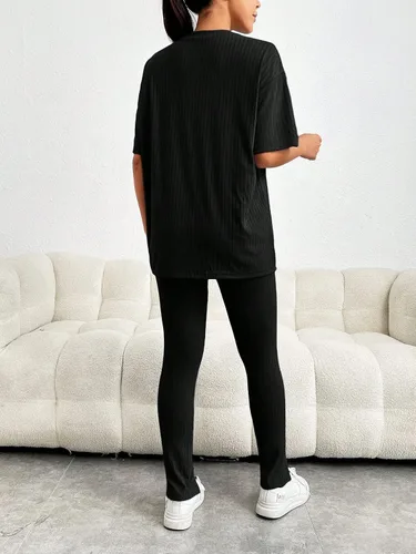 Vista 2 de GORGLITTER Conjunto de 2 piezas para mujer, camiseta de media manga con parches y leggings divididos