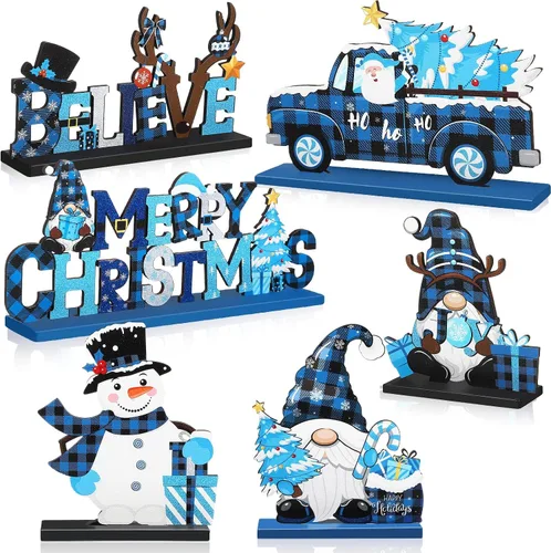 Vista 9 de Capoda 6 piezas de decoración de mesa de Navidad, centros de mesa de Navidad de madera, muñeco de nieve, Papá Noel, gnomo, letreros de Feliz