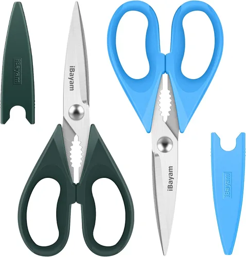 Vista 10 de iBayam Tijeras de cocina multiusos con funda protectora, tijeras de acero inoxidable duraderas, aptas para lavavajillas, mango cómodo de agarre suave