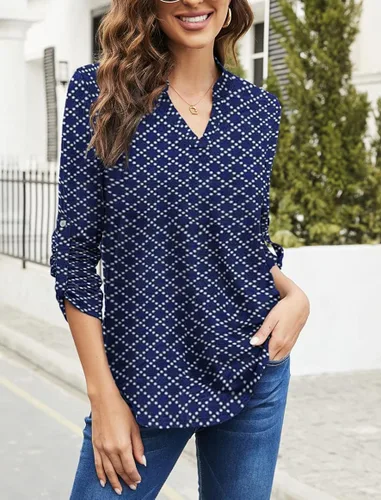 Vista 4 de Halife - Blusa para mujer, estilo túnica, manga 34 enrollable, cuello en V y estampado floral