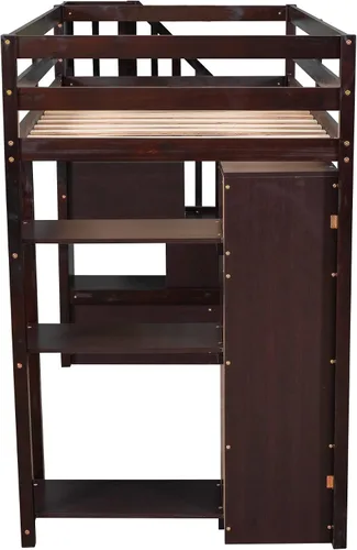 Vista 7 de Cama alta moderna con cajones de almacenamiento y escaleras, cama de madera tamaño individual con estantes y barandillas, para niños, niñas