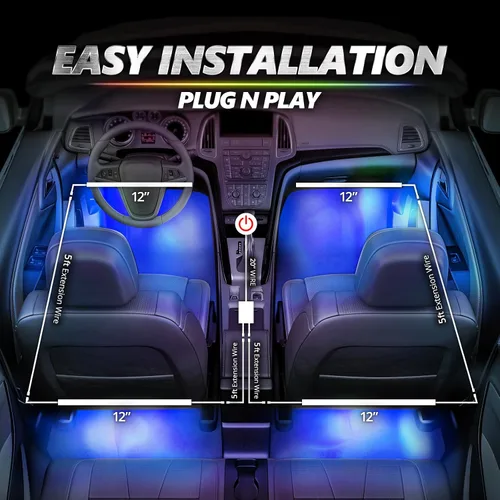Vista 3 de OPT7 Aura Pro 4 piezas Tiras de luz LED dobles para interior de auto con APP y control remoto, modo multicolor, kit de iluminación de acento de neón