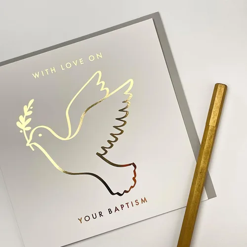 Vista 3 de Old English Co. Tarjeta de bautismo de paloma dorada para él o ella – Tarjeta de bautismo reflexiva para niño o niña – Tarjeta de felicitación