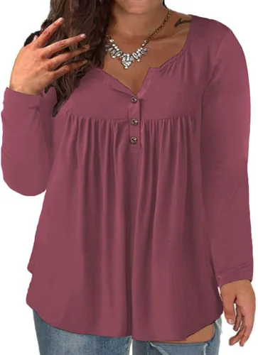Vista 5 de VISLILY - Camisas tipo túnica de mujer, de manga larga, estilo Henley, talla plus, blusas con botones y plisadas 01_ negro