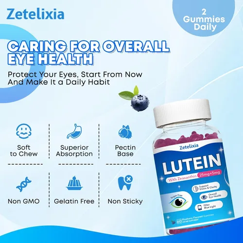 Vista 5 de Gomitas de luteína, suplementos de luteína y zeaxantina 12 en 1, vitaminas oculares para adultos, suplemento de salud ocular con múltiples vitaminas
