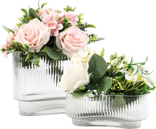 Vista 32 de Jarrones de vidrio acanalado, juego de 2 jarrones estriados para flores, florero de vidrio ámbar para tulipanes, jarrón moderno para sala de estar