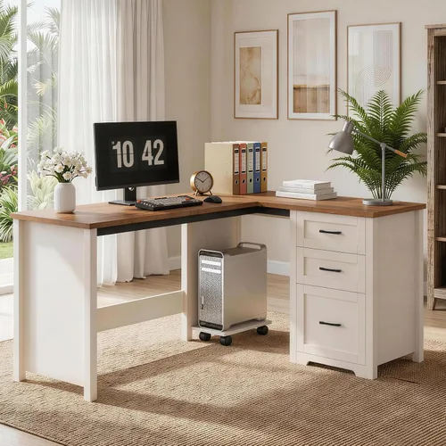 Vista 11 de Vabches Escritorio ejecutivo en forma de L de granja de 61 pulgadas con cajones de archivos, escritorio de esquina para computadora con soporte