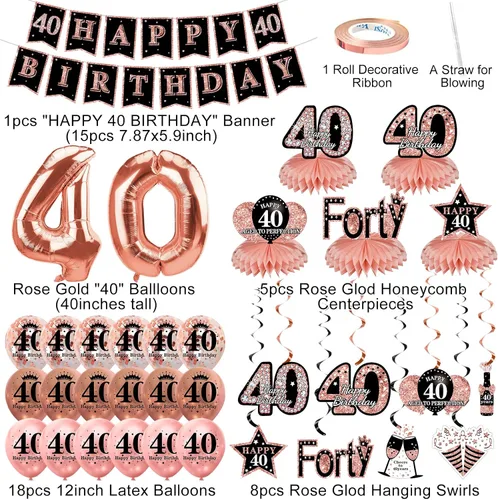 Vista 2 de Turypaty Kit de 34 piezas de decoración de cumpleaños 40 para mujer, globos de feliz cumpleaños de 40 años de oro rosa, centro de mesa, kit