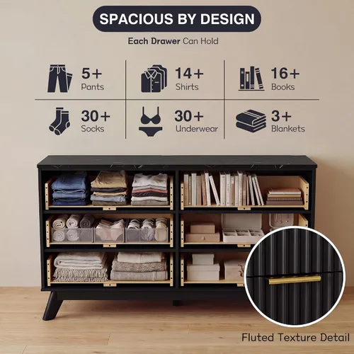 Vista 4 de JUMMICO Cómoda acanalada negra para dormitorio, 47.2 pulgadas de ancho