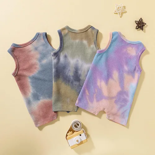 Vista 7 de 0-2T Ropa de verano para bebés y niñas, sin mangas, enterizo de teñido anudado, mono de punto gofre de una pieza