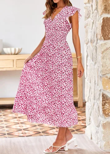 Vista 5 de KIRUNDO Vestido de verano para mujer, con volantes, sin mangas, cuello en V, elegante, con abertura, acampanado, para fiesta en la playa, cóctel