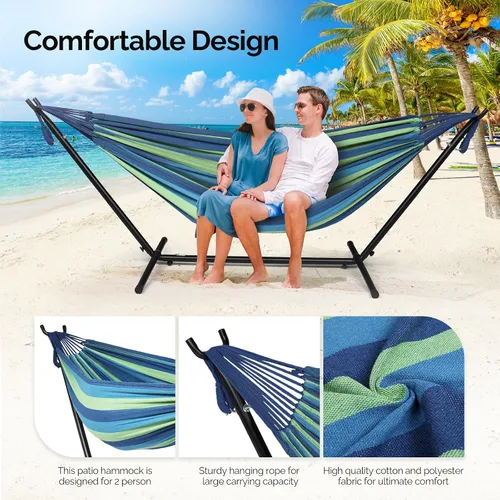 Vista 5 de Hamaca doble OnCloud con soporte de 9 pies, con estuche para transporte que ahorra espacio, Amarillo Azul