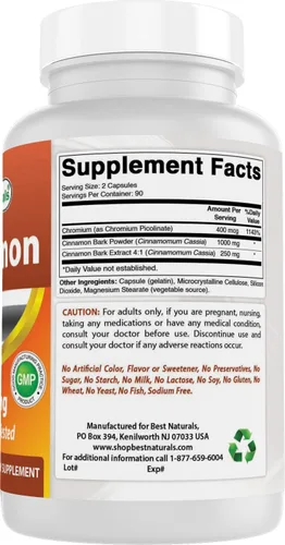 Vista 6 de Best Naturals Canela 2000 mg Equivalente con Cromo 400 mcg por porción - Apoyo al metabolismo - 180 Cápsulas