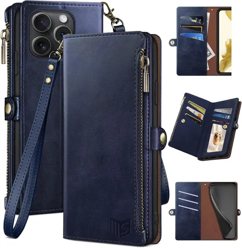 Vista 10 de XcaseBar Funda tipo cartera para iPhone 14 Pro de 6.1 pulgadas con bloqueo RFID, soporte para tarjetas de crédito con cremallera, funda de piel