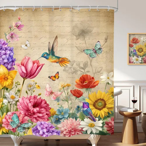 Vista 9 de Cortina de ducha floral gris y rosa de 72x72 pulgadas, flores de cerezo en rosa polvoriento y flores llorosas en primavera, tela impermeable