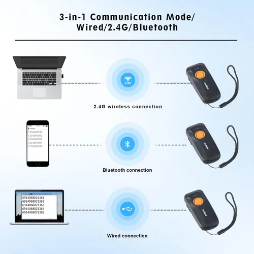 Vista 6 de Sumicor Escáner de código de barras inalámbrico, mini lector Bluetooth portátil, escáner láser 1D con indicador de nivel de batería, pequeño escáner