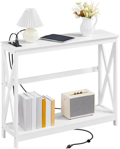 Vista 10 de Yaheetech Mesa consola de 40 pulgadas con tomas de corriente y puertos USB, mesa de entrada de madera con estación de carga y estante
