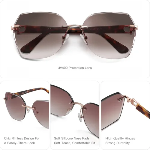 Vista 4 de ZENOTTIC Lentes de sol sin montura de gran tamaño para mujer, diseño geométrico de corte de diamante, lentes degradados, protección UV, tonos de moda