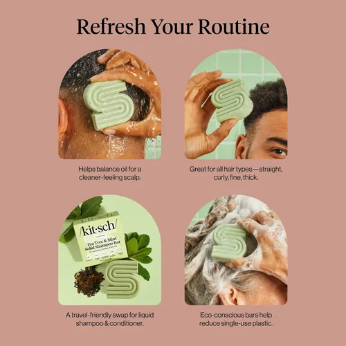Vista 8 de Kitsch Tea Tree & Mint Clarifying Shampoo and Shave Bar, Champú anticaspa para hombres y mujeres, sin plástico, sin sulfato. Champú para el cabello