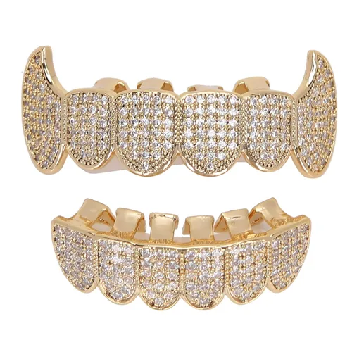 Vista 8 de Rejillas de dientes de cobre chapado en frío, oro plateado, dientes de diamante helados para hombres y mujeres rapero traje dientes joyería