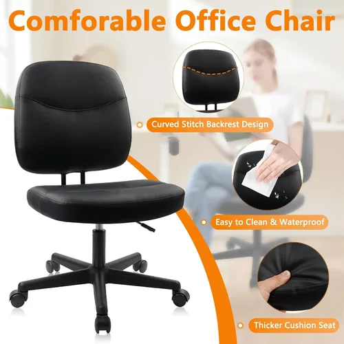 Vista 4 de CLATINA Silla de oficina en casa sin brazos, pequeña silla ergonómica de piel sintética con respaldo bajo con soporte lumbar y ruedas, altura