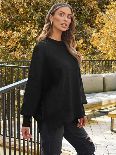 Vista 117 de Lillusory - Suéter extragrande con mangas de murciélago y cuello redondo para mujer, prenda moderna de otoño de tejido de punto sin botones