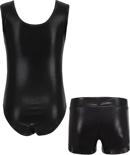 Vista 3 de MEILONGER Leotardos de gimnasia para niñas, de manga larga con pantalones cortos, trajes brillantes de una pieza para niños, colorido traje de baile