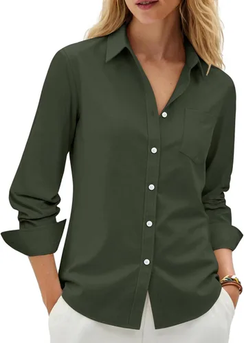 Vista 9 de siliteelon Camisas con botones para mujer, camisa Oxford de algodón, camisa de vestir de manga larga, blusas de trabajo con bolsillo