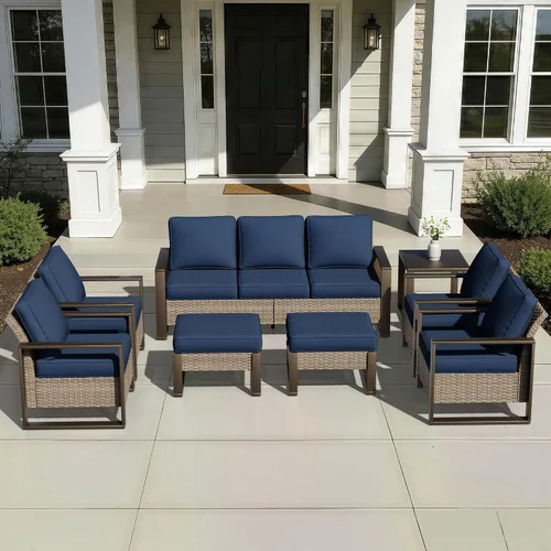 Vista 9 de Joyside - Sofá de mimbre para patio al aire libre, sofá de ratán de 3 plazas con cojines gruesos de olefina y reposabrazos rectangular con marco