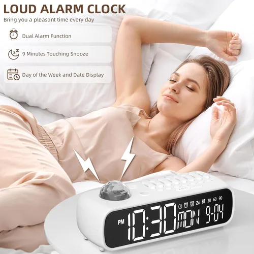 Vista 6 de Reloj despertador digital con máquina de sonido de ruido blanco para dormitorio, mesita de noche, reloj con temporizador de 30/60/90 minutos