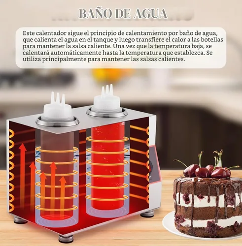 Vista 3 de Dispensador eléctrico de salsa con 2 botellas de salsa de 22 onzas y 3 agujeros, calentador de botellas para chocolate caliente, queso nacho