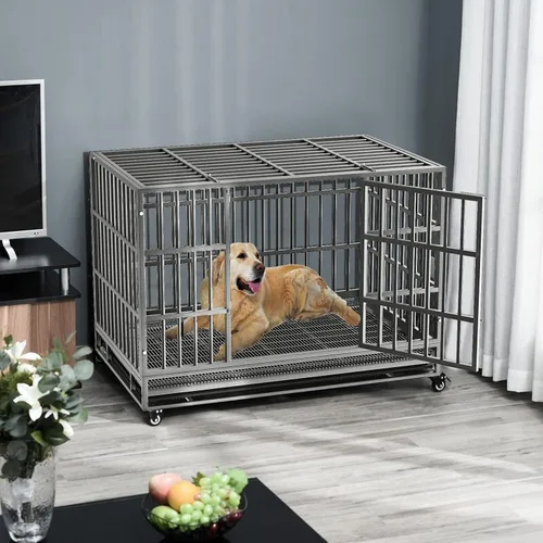 Vista 2 de LEMBERI - Jaula para perro indestructible y resistente de 48/38 pulgadas, a prueba de escapes con ruedas bloqueables, doble puerta para evitar