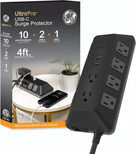Vista 10 de GE SurGE - Tira de alimentación protectora con puertos USB, cable de extensión trenzado de 3 pies, 1780 julios, extensor de 8 tomas, 2 puertos