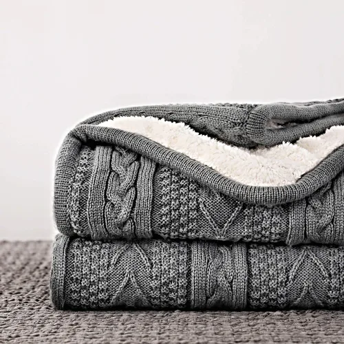 Vista 13 de Longhui bedding - Manta de punto trenzado de acrílico sherpa, gruesa, suave, grande, acogedora, manta de vellón tejida de color rojo vino para sofá