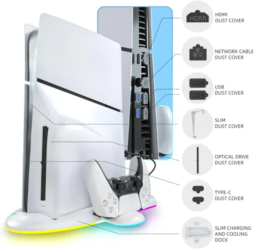 Vista 2 de PS5 Slim Cooling Stand, Dual Controller Charger, RGB Lights & USB 2.0 Port