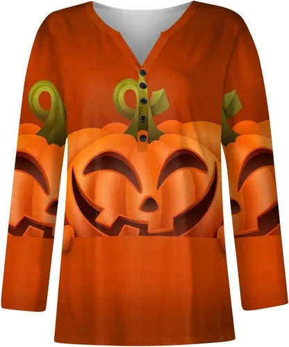 Vista 2 de Camisetas de manga larga para mujer, con estampado de Halloween, ajuste holgado, camisetas de moda, ajuste relajado, blusa ajustada